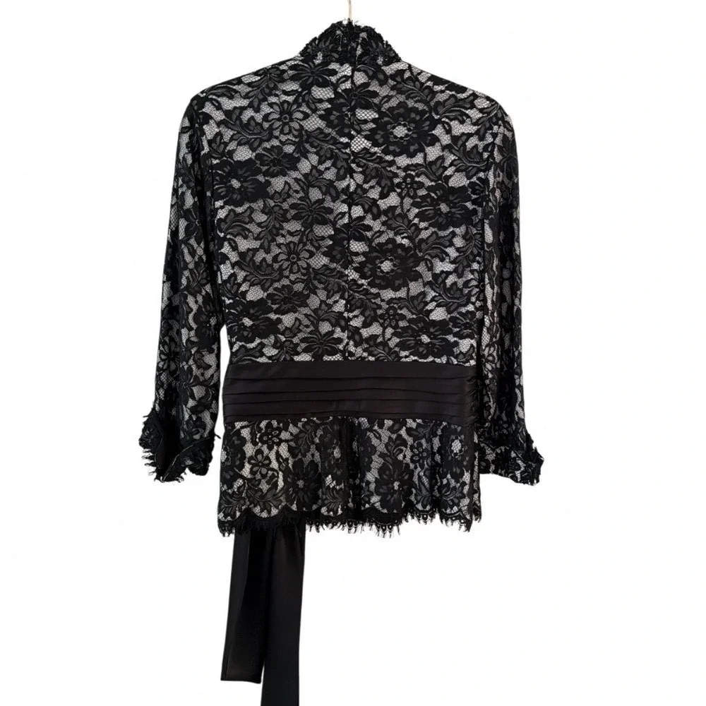 Tadashi Shoji Black Floral Lace Wrap Top V-Neck Sequin Bead Sash JRD9316 14